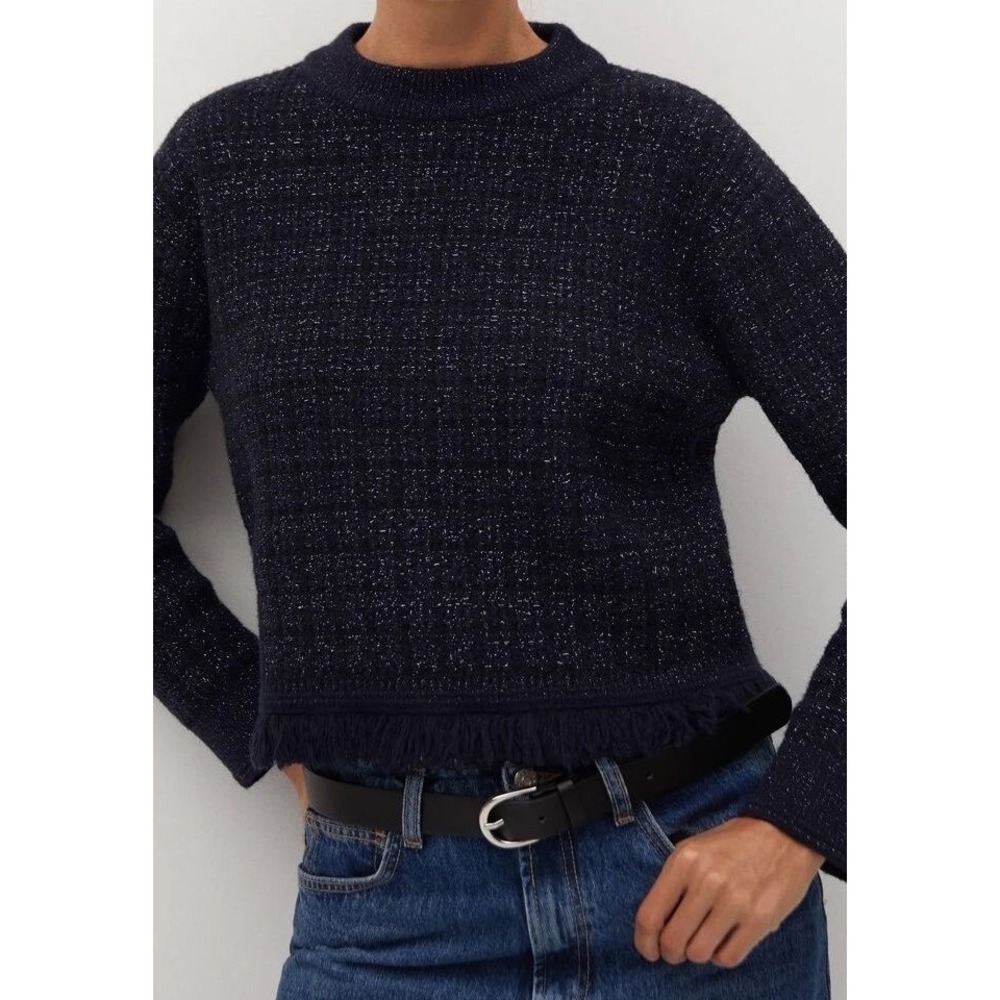 MNG Women Navy Blue Metallic Tweed Knit Fringe Sweater Pullover‎ Top Size Large